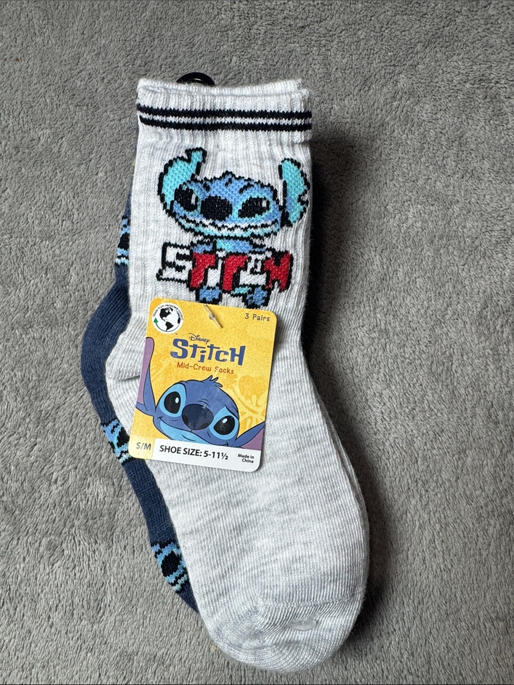 Disney Gray & Blue Stitch Mid-Crew Socks - 3 Pack